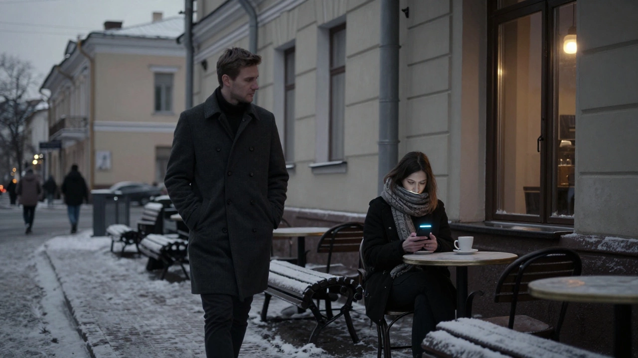 A foreign man and a woman in a St. Petersburg café, separated by distance and silence at dusk.