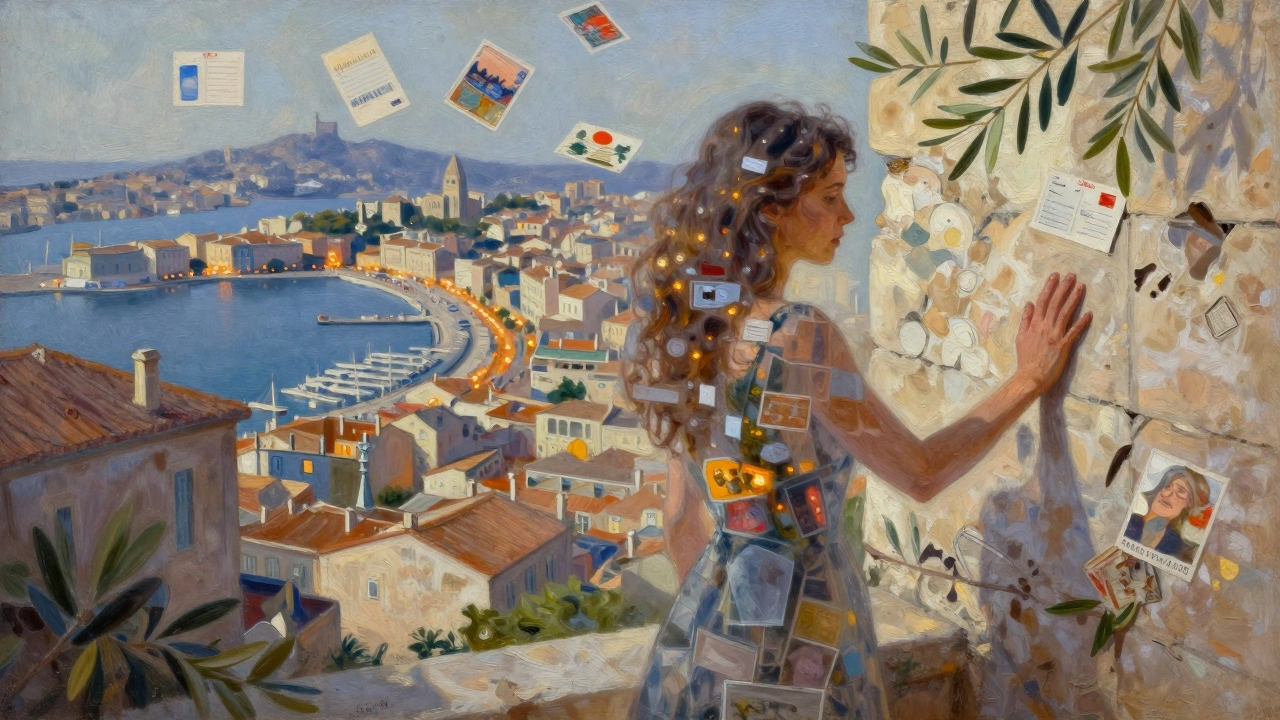 A woman&#039;s form blends into Marseille&#039;s cityscape, with a handprint on stone and floating postcards in the air.