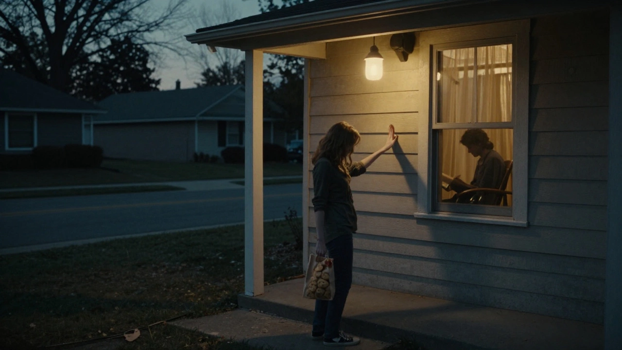 A woman stands outside a house at dusk, holding cookies, hesitating to knock.