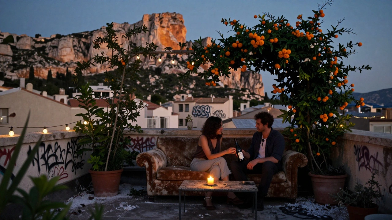 Two people sit quietly on a rooftop garden in Marseille, sharing wine under candlelight and jasmine vines.